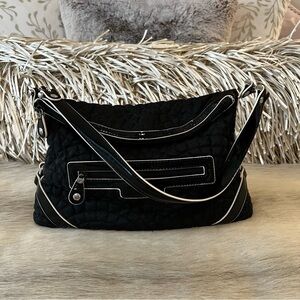 VERA BRADLEY Black Microfiber Patent Leather White Trim Fold Over Shoulder Hobo